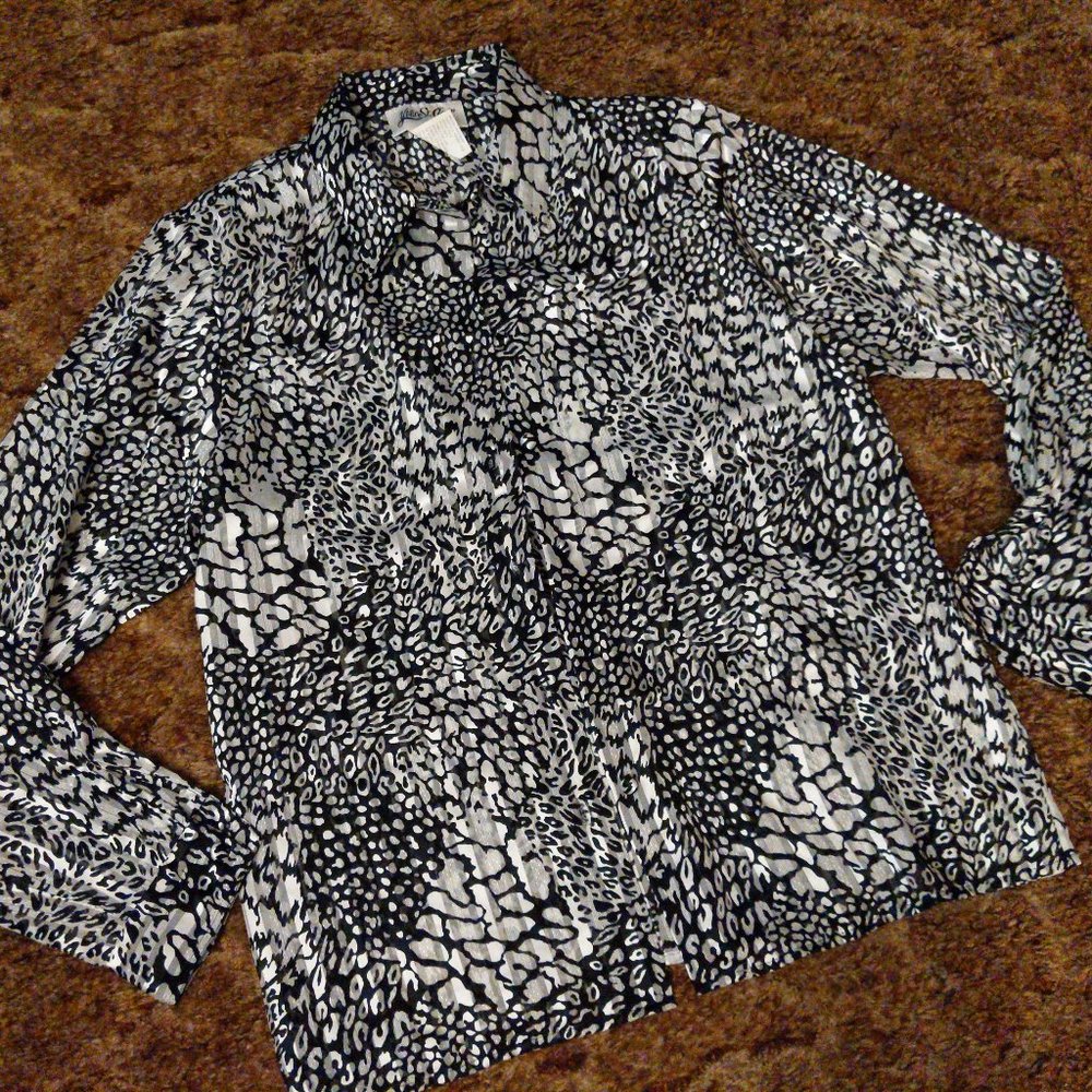 Yves St. Clair Leopard Black and White Button up Long Sleeve Blouse
